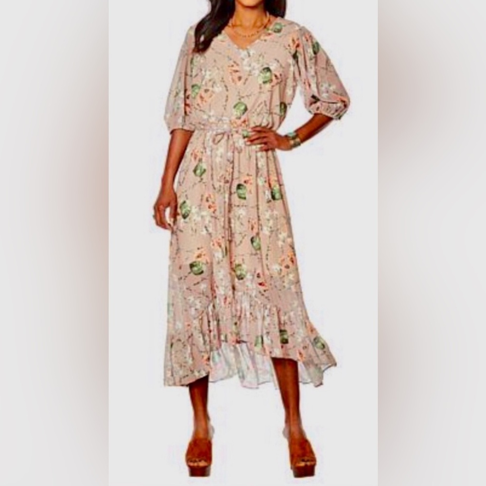 71. HILLARY SCOTT LaBELLUM SKY BLUE FLORAL MIDI DRESS RUFFLED BOTTOM